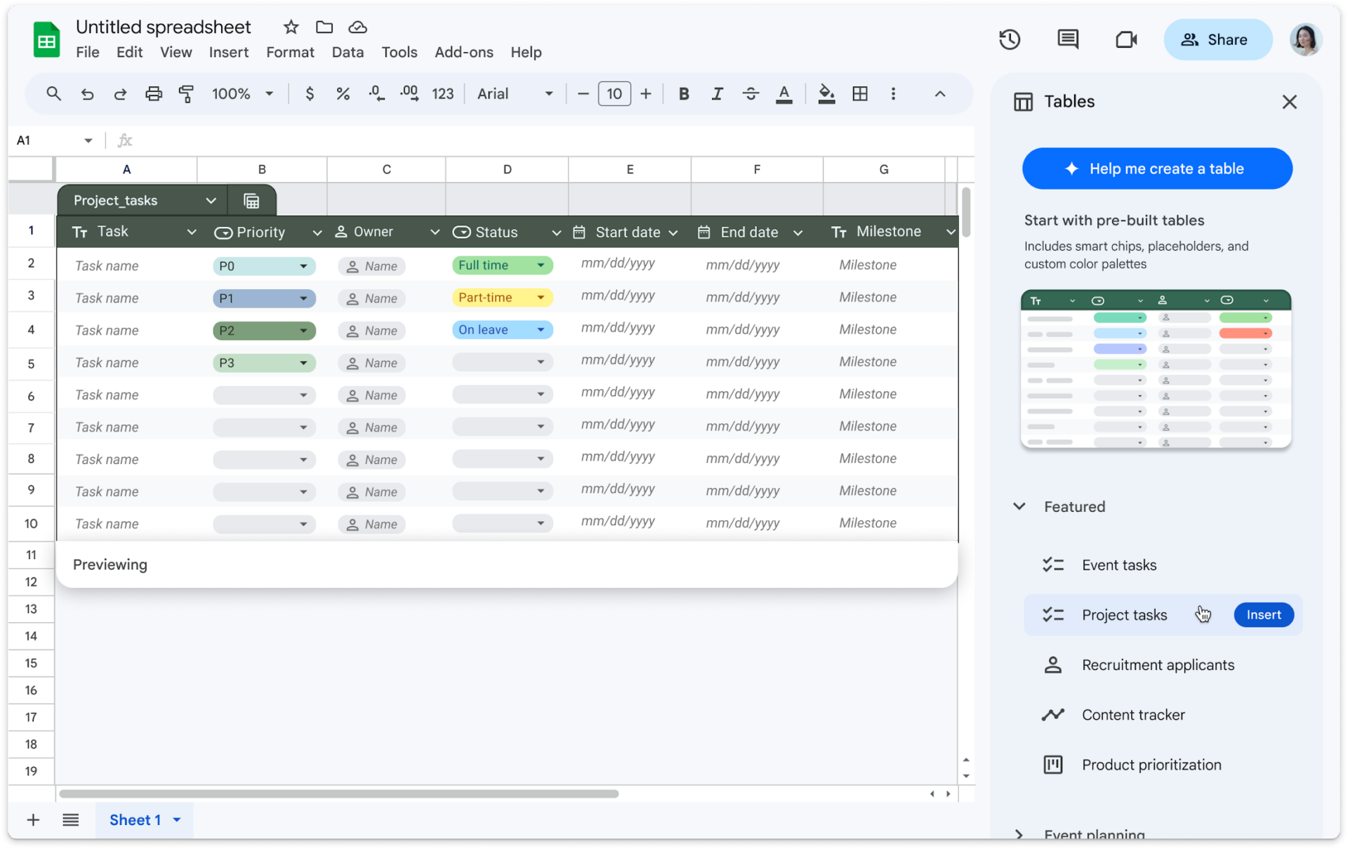 tables google sheets - UpCurve Cloud